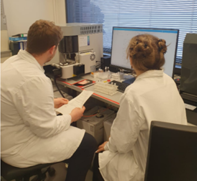 M. Böhm und C. Timmer sind gespannt auf die Auswertung ihrer Immunzellfärbung.